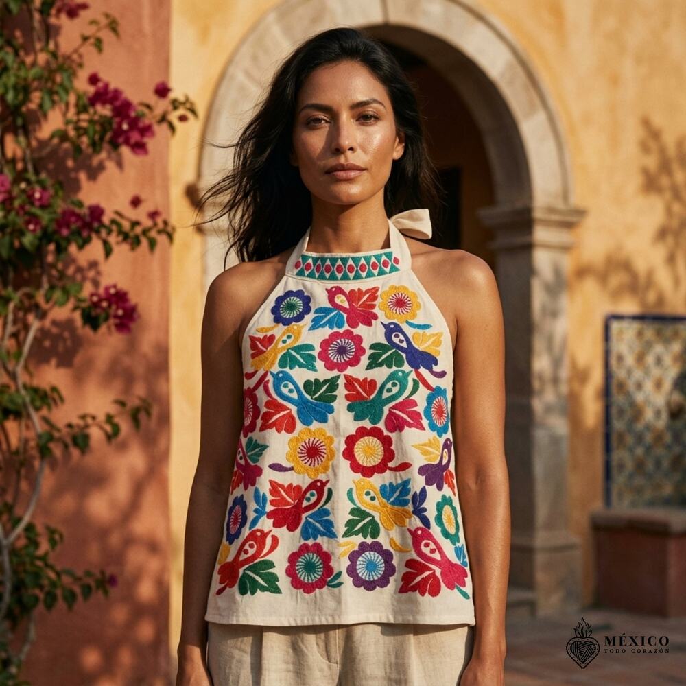Traditional Mexican HALTER style Blouse – Handmade Embroidered Manta Offwhite